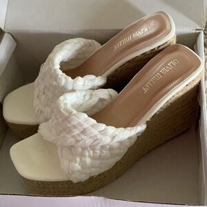 Olivia Miller White and Tan Wedge Shoes with Quilted Design